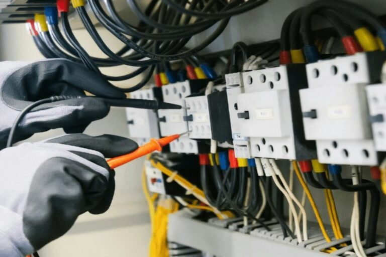 Electricista con guantes midiendo un cuadro eléctrico con un multímetro